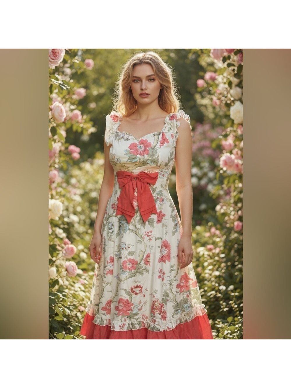 🎉HP🎉Victorian Choice Floral Cottagecore Midi Dress w/ Coral Ruffle Bow - Small - Picture 7 of 11